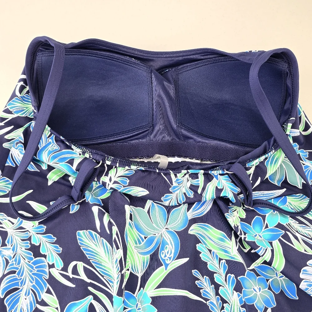 Lands’ End Blouson Tankini Top Built-In Bra Deep Sea/Sealily Floral Size 8 NWT